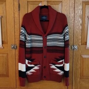 American Eagle NWOT maroon black & white tribal Aztec pattern cardigan sweater